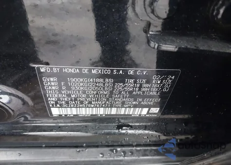 2024 Honda Hr-V Awd Sport/Awd Sport W/O Bsi из США, поврежденный, VIN 3CZRZ2H57RM767471